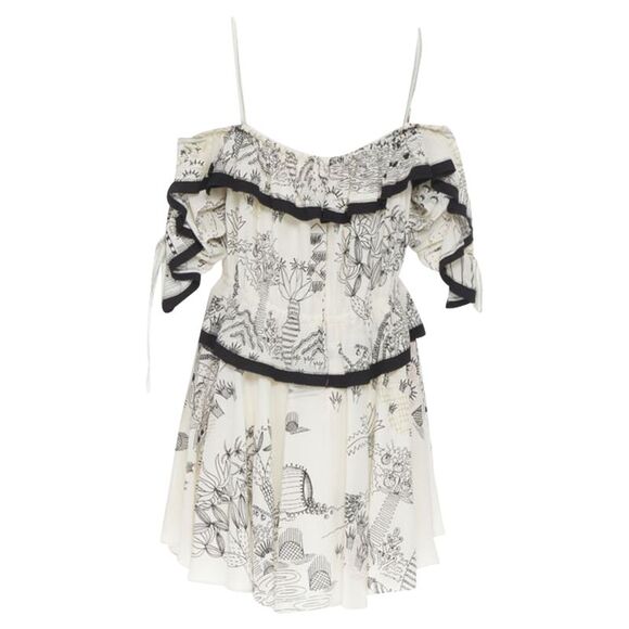 Valentino Garavani Garden illustration print silk off shoulder lace up dress - Picture 5 of 6